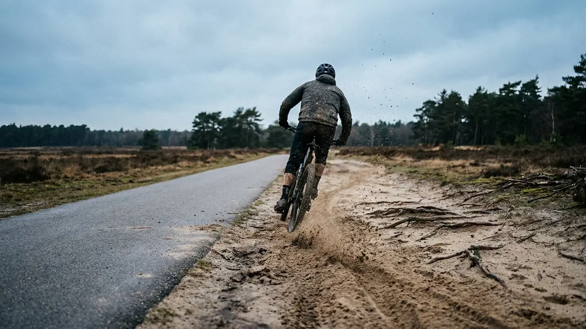 Links los zand met boomwortels, rechts een strook asfalt van een fietspad door de heide.